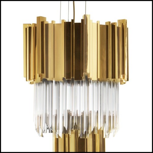 Suspension avec pendentifs en verre de cristal et 2 rangées circulaires de baguettes en laiton plaqué Gold 164-Ambassadeur M