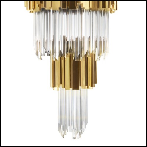 Suspension avec pendentifs en verre de cristal et 2 rangées circulaires de baguettes en laiton plaqué Gold 164-Ambassadeur M