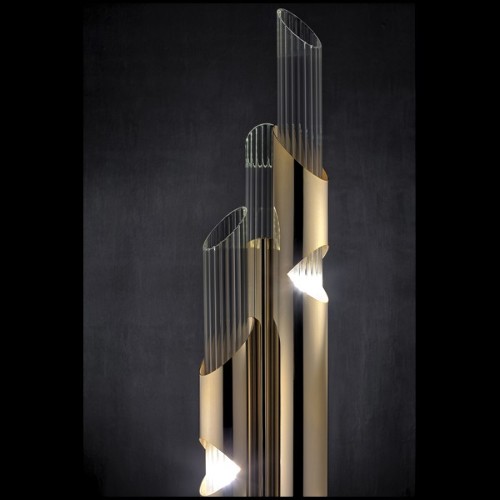 Lampadaire avec structure en laiton massif plaqué Gold et avec tubes en verre cristal 164-Arizona