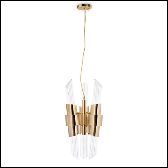 Suspension avec cylindres en verre cristal nervuré maintenus par une structure en laiton poli plaqué Gold 164-Vitta Medium