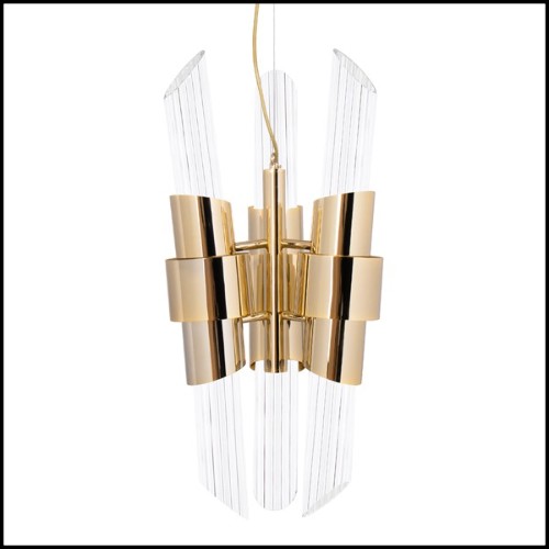Medium pendant with ribbed crystal glass cylinders gathered and gold plated polished brass structure 164-Vitta Medium