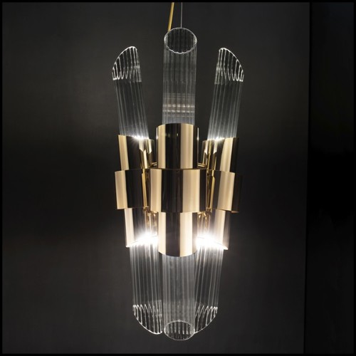 Medium pendant with ribbed crystal glass cylinders gathered and gold plated polished brass structure 164-Vitta Medium