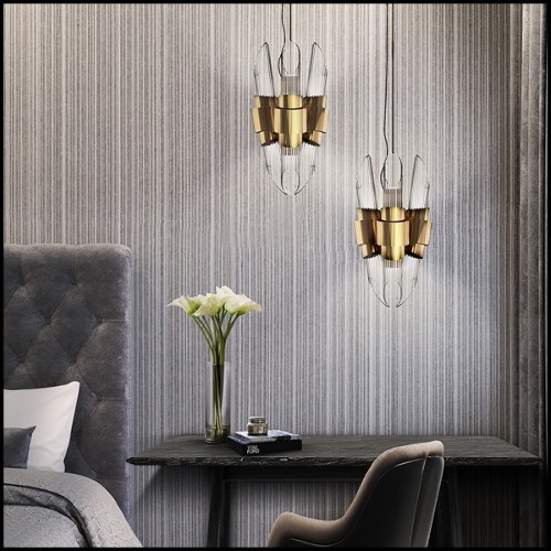 Suspension avec cylindres en verre cristal nervuré maintenus par une structure en laiton poli plaqué Gold 164-Vitta Medium