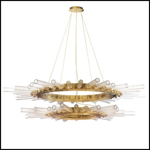 Suspension with ribbed crystal glass cylinders held by a gold plated polished brass circular structure 164-Fall Double Ring