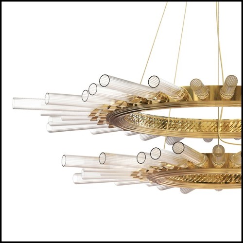 Suspension avec cylindres en verre cristal côtelés maintenus par une structure en laiton poli plaqué Gold 164-Fall Double Ring