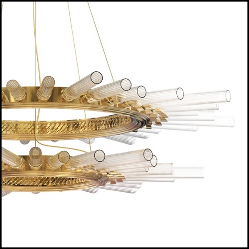 Suspension avec cylindres en verre cristal côtelés maintenus par une structure en laiton poli plaqué Gold 164-Fall Double Ring