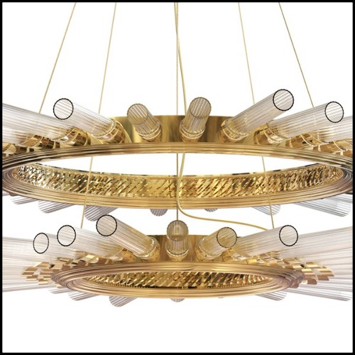 Suspension with ribbed crystal glass cylinders held by a gold plated polished brass circular structure 164-Fall Double Ring