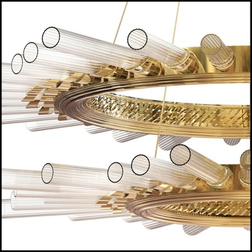 Suspension avec cylindres en verre cristal côtelés maintenus par une structure en laiton poli plaqué Gold 164-Fall Double Ring