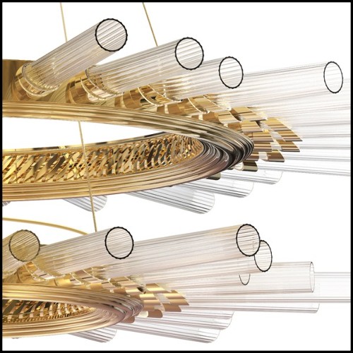 Suspension avec cylindres en verre cristal côtelés maintenus par une structure en laiton poli plaqué Gold 164-Fall Double Ring