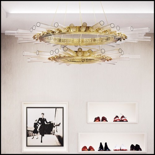 Suspension avec cylindres en verre cristal côtelés maintenus par une structure en laiton poli plaqué Gold 164-Fall Double Ring