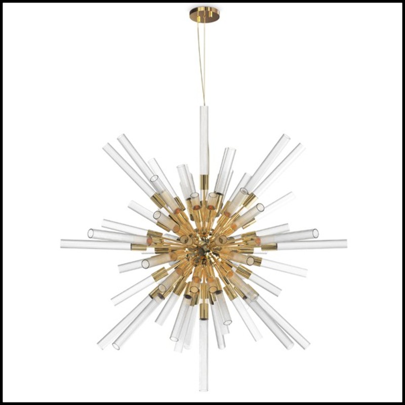 Suspension with ribbed crystal glass tubes held by a gold plated polished brass structure 164-Fall Sputnik