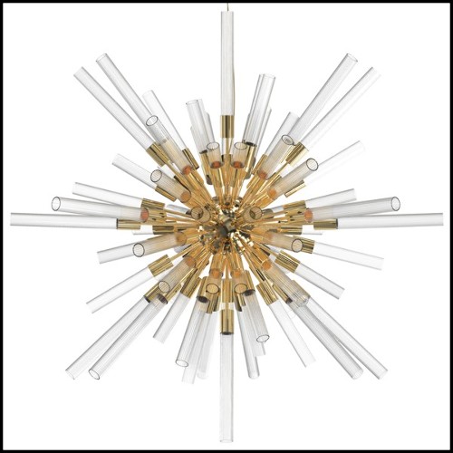 Suspension with ribbed crystal glass tubes held by a gold plated polished brass structure 164-Fall Sputnik