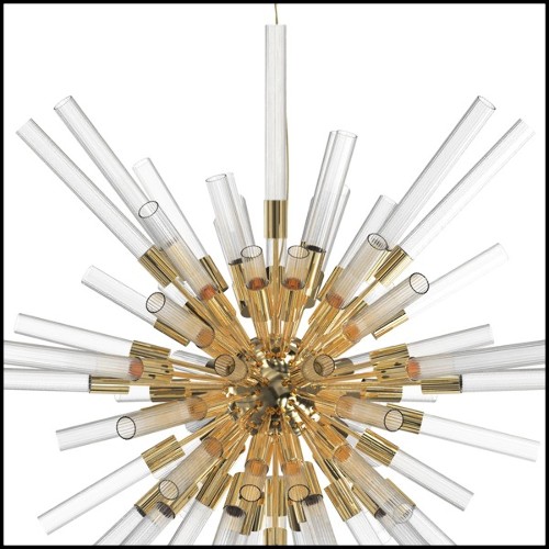 Suspension avec tubes en verre cristal côtelés maintenus par une structure centrale en laiton poli plaqué Gold 164-Fall Sputnik