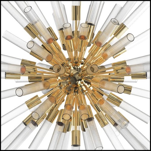 Suspension with ribbed crystal glass tubes held by a gold plated polished brass structure 164-Fall Sputnik
