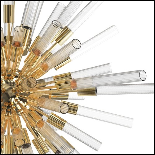 Suspension with ribbed crystal glass tubes held by a gold plated polished brass structure 164-Fall Sputnik
