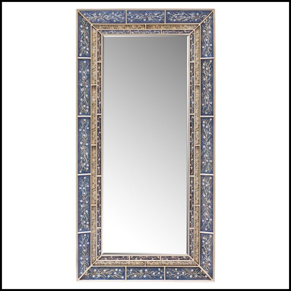 Mirror with wooden frame structure coated with hand painted clear glass in blue finish 162-Flowers Blue