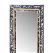 Mirror with wooden frame structure coated with hand painted clear glass in blue finish 162-Flowers Blue