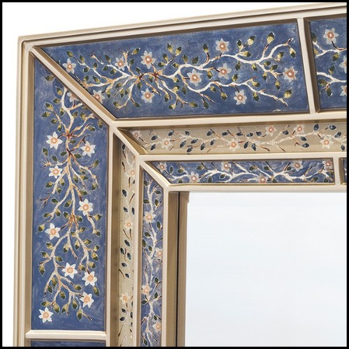 Mirror with wooden frame structure coated with hand painted clear glass in blue finish 162-Flowers Blue
