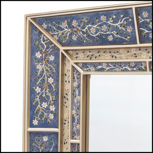 Mirror with wooden frame structure coated with hand painted clear glass in blue finish 162-Flowers Blue
