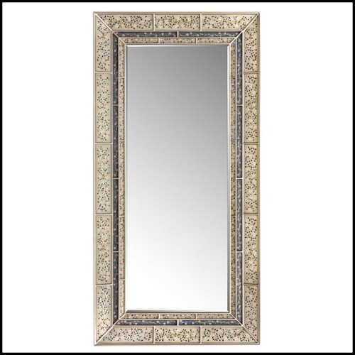 Mirror with wooden frame structure coated with hand painted clear glass in blue finish 162-Flowers Blue