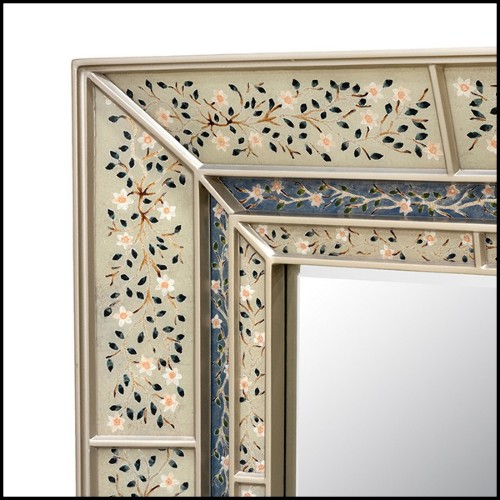 Mirror with wooden frame structure coated with hand painted clear glass in blue finish 162-Flowers Blue