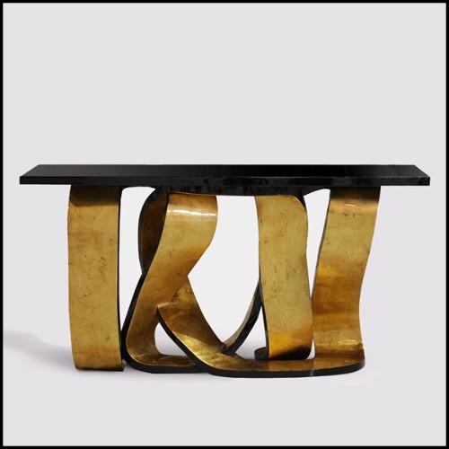 Console table with top in black lacquered wood veneered and gold finish base 156-Tie Gold
