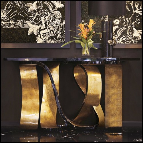 Console table with top in black lacquered wood veneered and gold finish base 156-Tie Gold