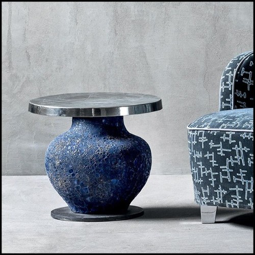 Table d'appoint avec base en céramique bleue fabriquée à la main 30-Blue Ceramic