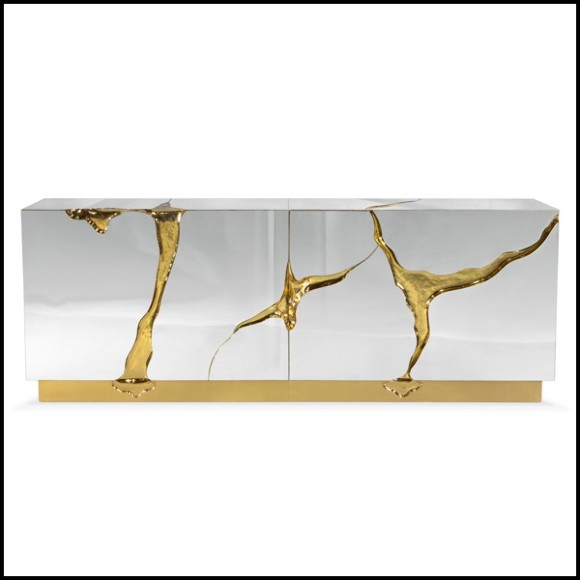 Sideboard with wood carving structure with its details finished in polished solid brass in gold finish 145-Paradise