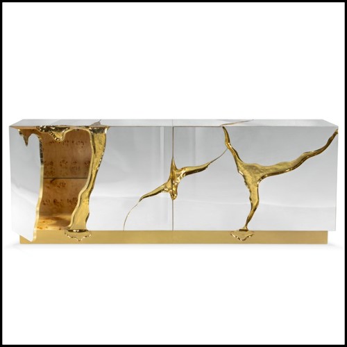 Sideboard with wood carving structure with its details finished in polished solid brass in gold finish 145-Paradise