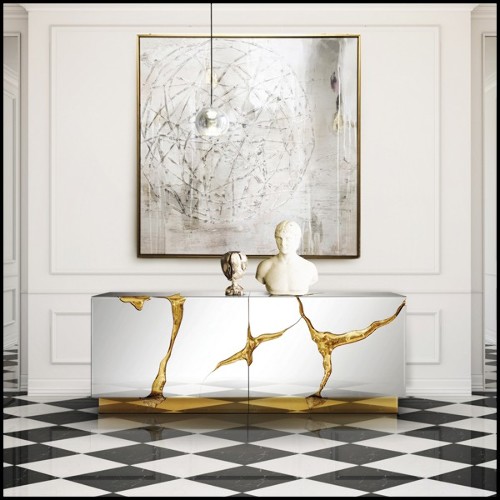 Sideboard with wood carving structure with its details finished in polished solid brass in gold finish 145-Paradise