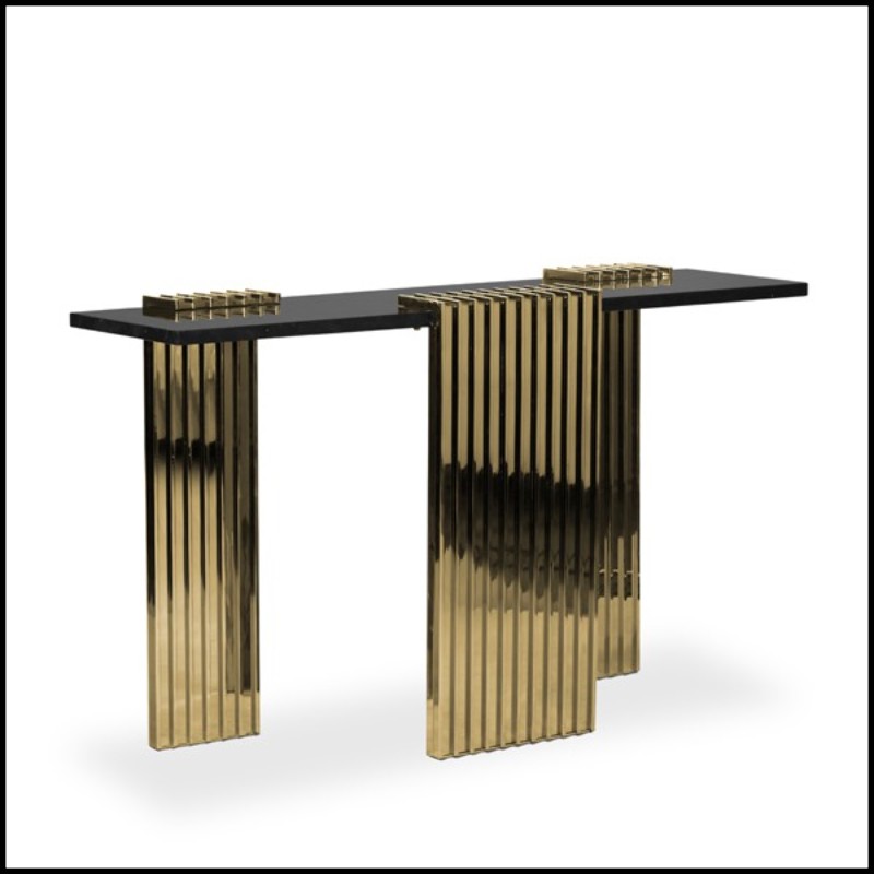 Console table with 3 feet base in gold plated solid polished brass and black marble top 164-Oldies
