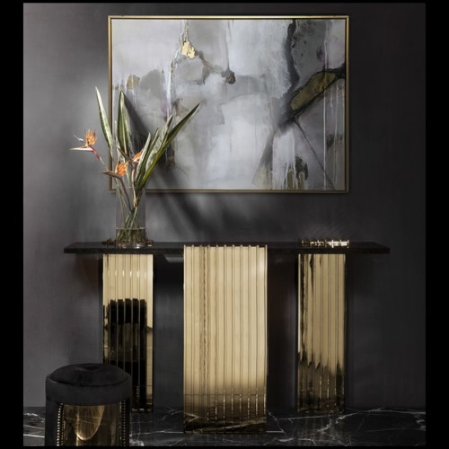 Console avec 3 pieds en laiton poli brillant finition Gold et dessus en marbre noir 164-Oldies