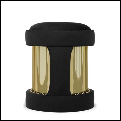 Tabouret avec base en laiton poli plaqué Gold et assise tapissée en velours de coton noir 164-Oldies