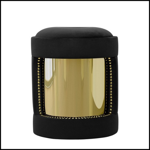 Tabouret avec base en laiton poli plaqué Gold et assise tapissée en velours de coton noir 164-Oldies