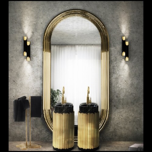 Wall mirror brass with polished brass tubular frame structure and Led light system 169-Brass Tubular