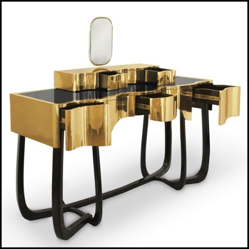 Console avec revêtement en laiton poli brillant et miroir avec bordure plaquée Gold 169-Curvy Room