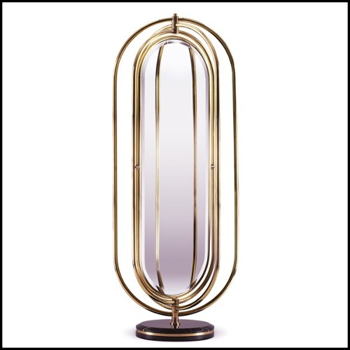 Floor mirror with polished brass tubular frame structure and Led light system 169-Brass Tubular