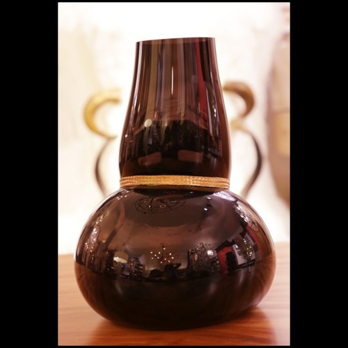 Vase made with hand blown black glass and with mask in bronze with gold finish 104-Venise Mask