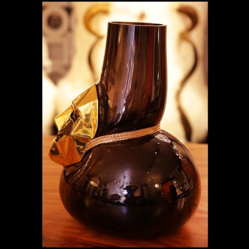 Vase made with hand blown black glass and with mask in bronze with gold finish 104-Venise Mask