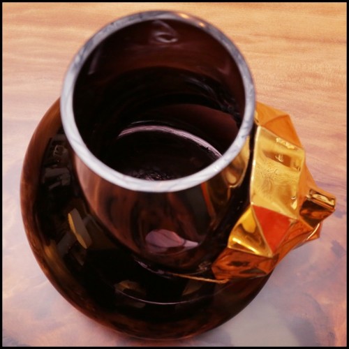 Vase made with hand blown black glass and with mask in bronze with gold finish 104-Venise Mask
