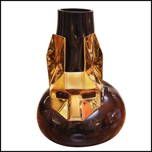 Vase en verre noir soufflé à la main avec masque en bronze finition Gold 104-Egyptian Cat