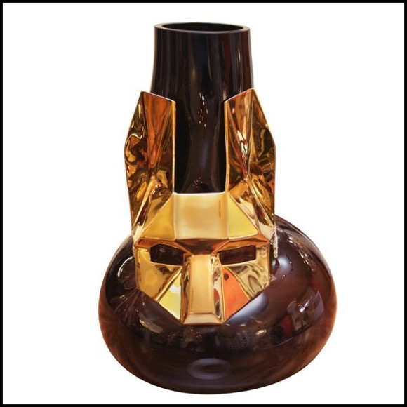 Vase made with hand blown black glass and with mask in bronze with gold finish 104-Egyptian Cat