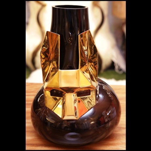 Vase en verre noir soufflé à la main avec masque en bronze finition Gold 104-Egyptian Cat