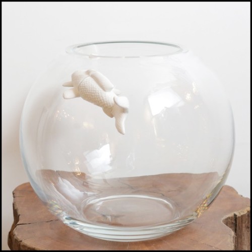Vase en verre clair avec poisson en céramique blanche 104-White Fish
