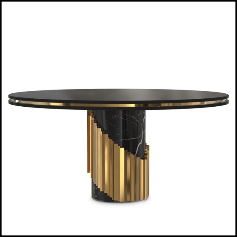 Table avec plateau en bois laqué noir et tiges en laiton poli autour d'une base en marbre noir 164-Maxima Round