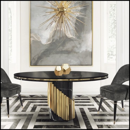 Table with black lacquered wood top and polished brass rods around a black marble base 164-Maxima Round