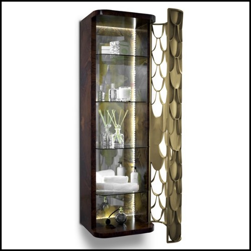 Cabinet with structure in varnished solid walnut root and with door in solid brass in vintage finish 169-Carpus Shelves