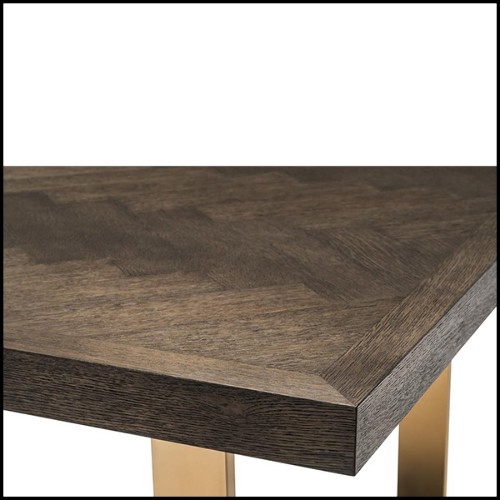 Dining table with structure in brown oak veneer finish and base in stainless steel with brushed brass finish 24-Baltazar