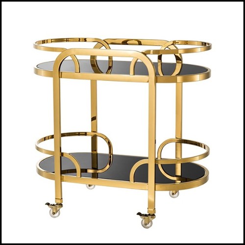 Trolley with structure in stainless steel gold finish and trays black glass 24-Peninsula